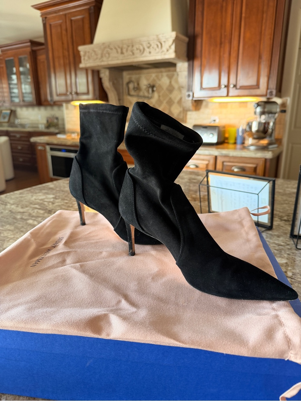 Stuart Weitzman Black Suede Pointed Toe Stiletto Sock Boots